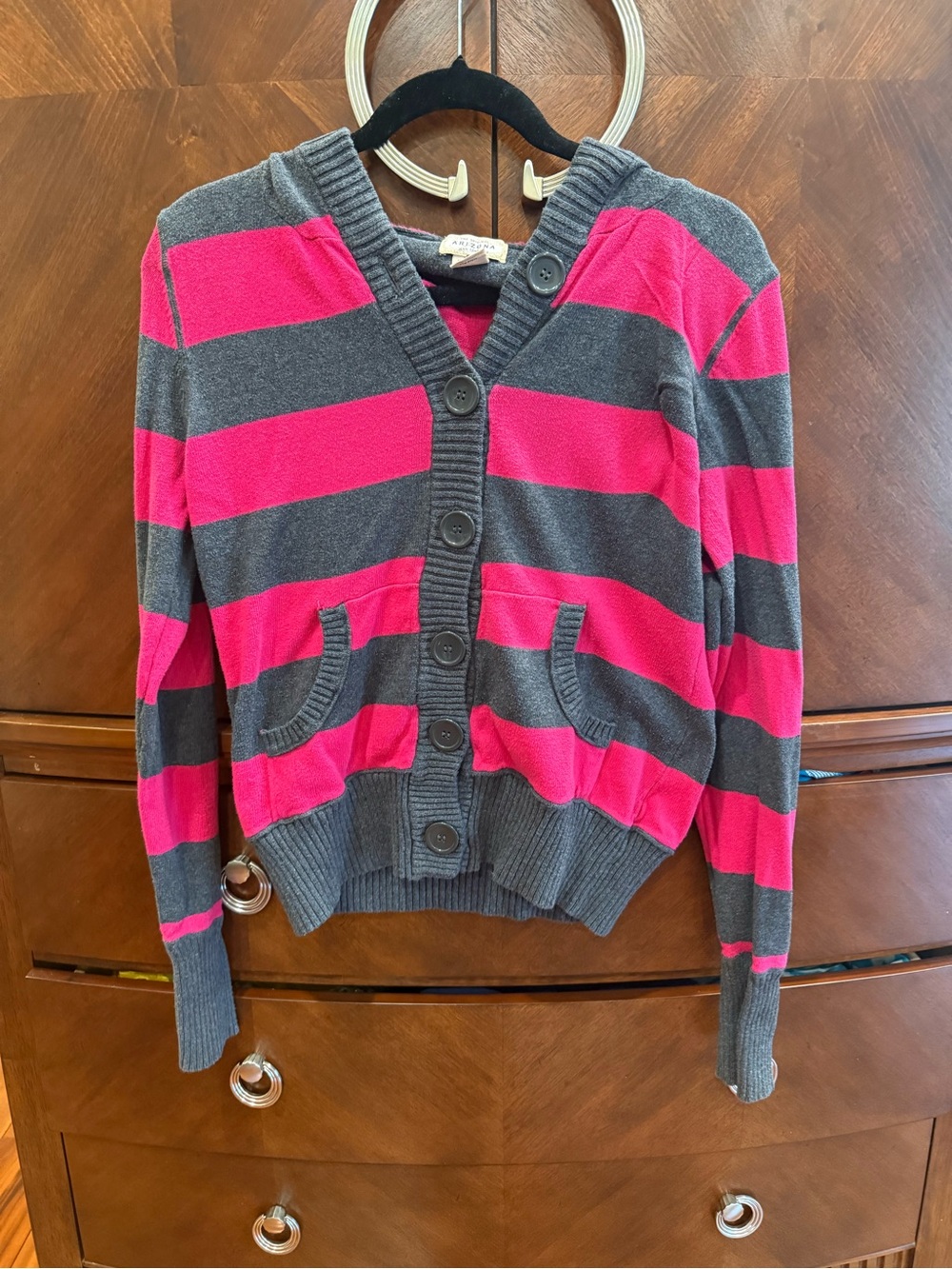 Arizona Jean Company Hot Pink and Gray Striped Button Cardigan